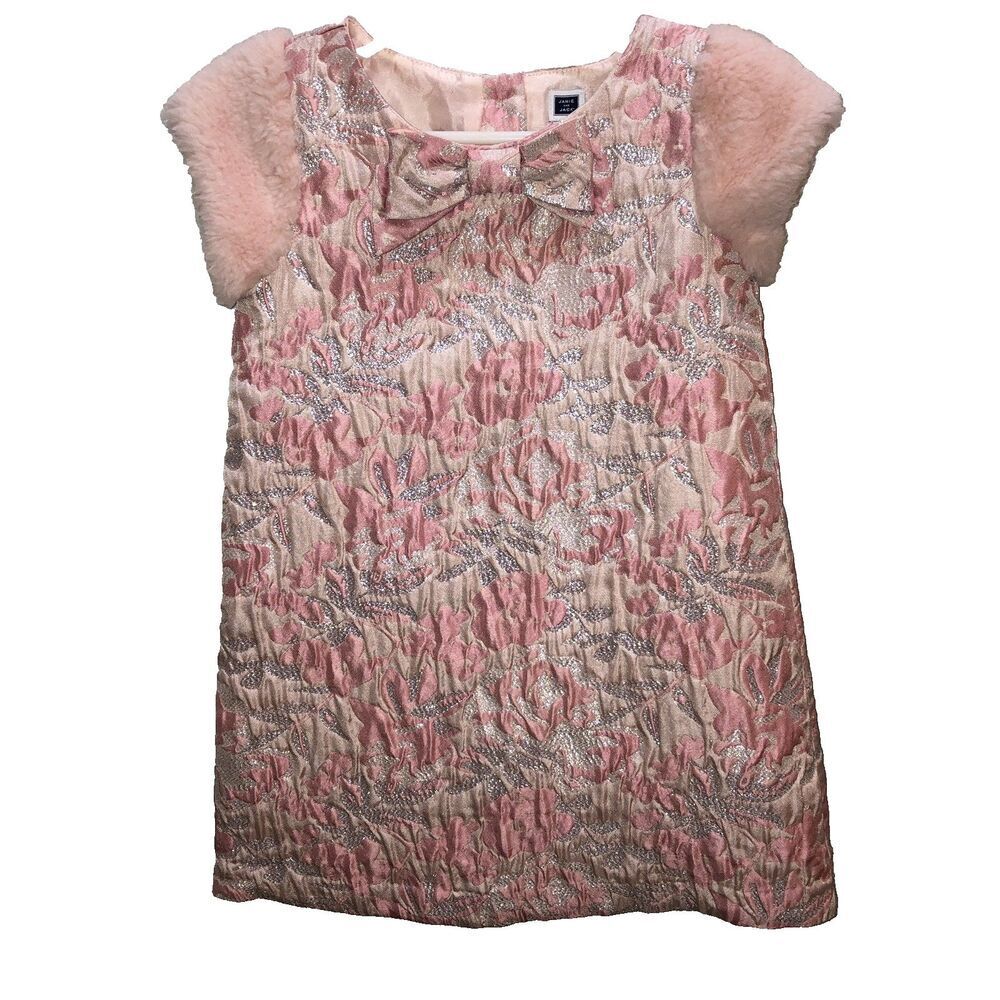 Janie and Jack Size 2 Pink Brocade Dress with Faux Fur Cap Sleeves